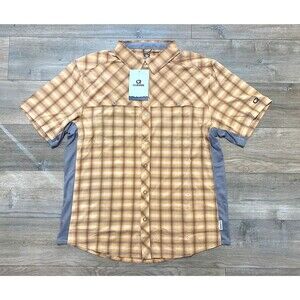 Club Ride Quest Mens L Snap Button Short Sleeve Plaid Beige Cycling Jersey Shirt